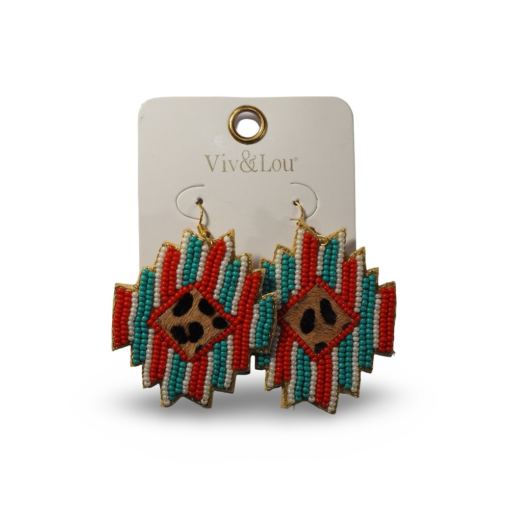 Viv & Lou Dangle Earrings Women OS Red Seed Beads Leopard Print VLJ4020-RED